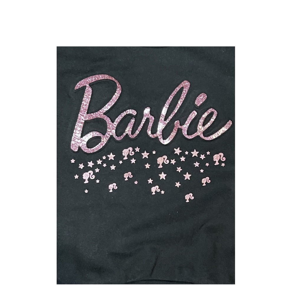Barbie Girls Black Glitter Logo Sweatshirt Pink Stars Fleece Pullover Size 7/8 - Picture 3 of 5